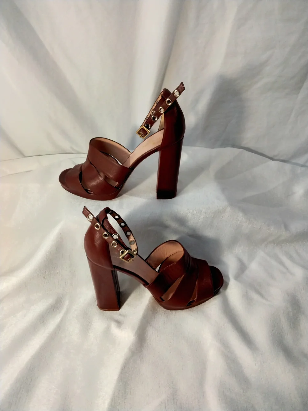 kate spade Brown Leather High Block Heel Sandals with Studded Ankle Strap
